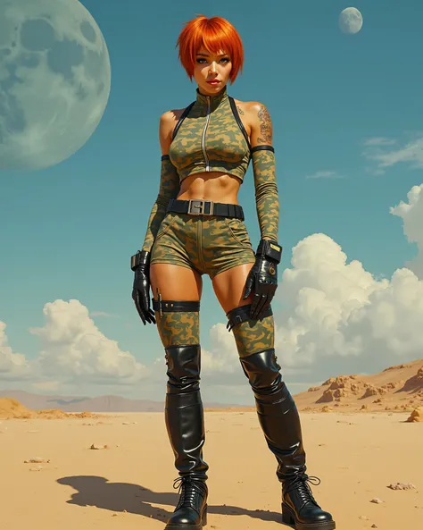Impressionist Art , (buxom unique female character:1.2), short cut red hair, tattoos on her shoulders, full body head to toe portrait, black leather thigh high boots with a belt buckle at the top, perfect almond-shaped ice-blue eyes, standing in a modeling...