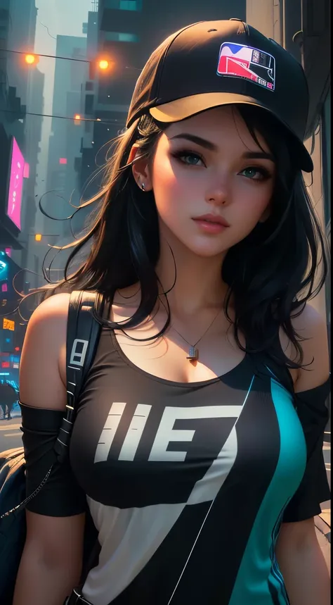 a close up of a person with a baseball cap on, alena aenami and artgerm, extremely detailed artgerm, [ trending on cgsociety ]!!, cyberpunk beautiful girl, jet black haired cyberpunk girl, artgerm and atey ghailan, trending on artstation:3, deviantart arts...