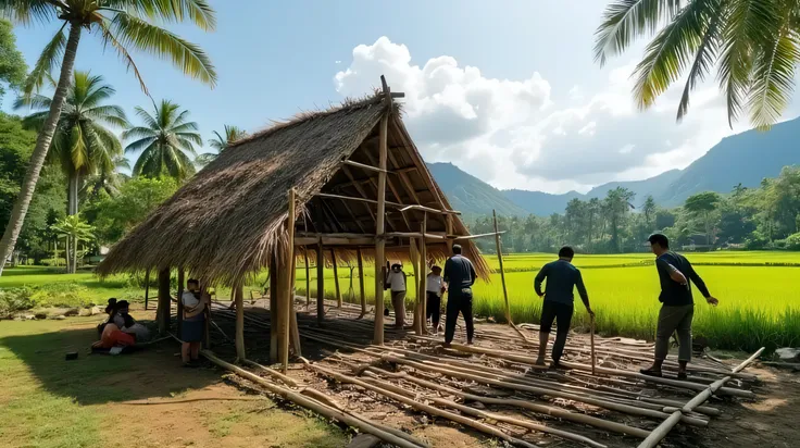 A peaceful traditional Indonesian village scene. A group of Indonesian men are working together to build a simple hut (rubanah) without walls, made only of wooden poles and a thatched straw roof. They are working in harmony, some cutting wood, some setting...