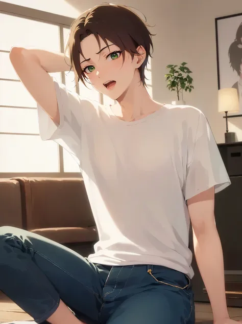 Japanese manga style, shiny skin, masterpiece, best quality, (27-year-old male: 1.5), (short brown hair) and (green eyes),(white T-shirt) and (jeans), (confused),(open mouth),inside the living room,(at night:1.5)(alone: 1.5),(arm behind head) 