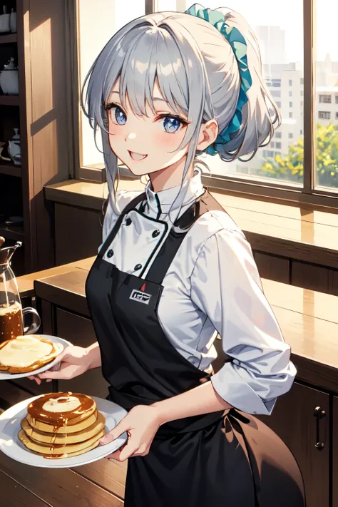 Pancake sweets chef up body kitchen
ちびキャラ 22yo shrine standing palm high ponytail
solo focus 1girl solo small breasts
slim round face
double Skyblue eyes small nose
updo gray hair big smile  loafers scrunchie  bending over straight-on