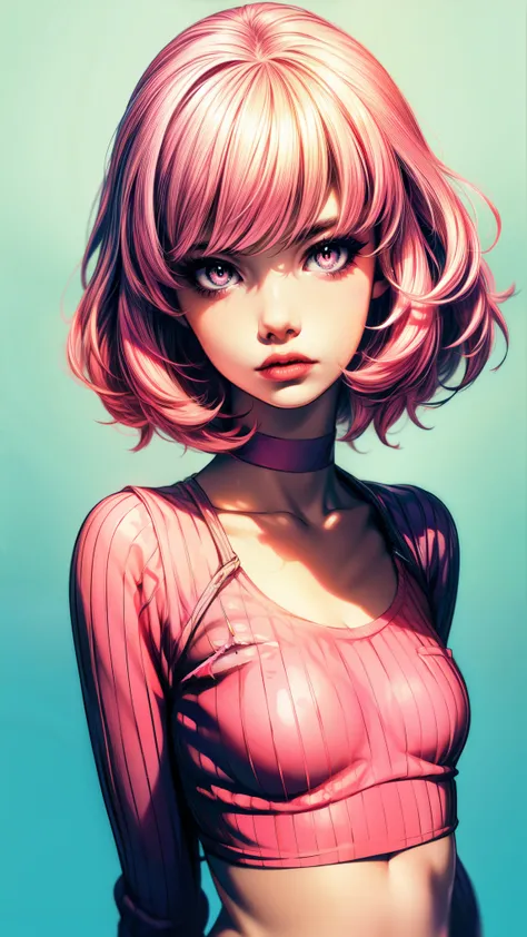 (masterpiece, best quality:1.4), official art, absurdres, vivid colors, looking at viewer, girl, asian , long pink hair, beautiful eyes, tight crop top, tight pants, choker, navel, slender, big breasts, cleavage, (arch back), small head, sharp focus, dynam...