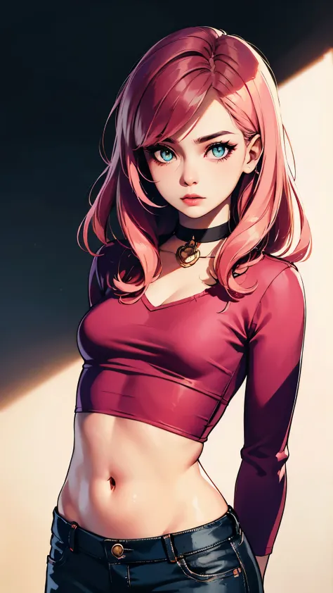(masterpiece, best quality:1.4), official art, absurdres, vivid colors, looking at viewer, girl, asian , long pink hair, beautiful eyes, tight crop top, tight pants, choker, navel, slender, big breasts, cleavage, (arch back), small head, sharp focus, dynam...