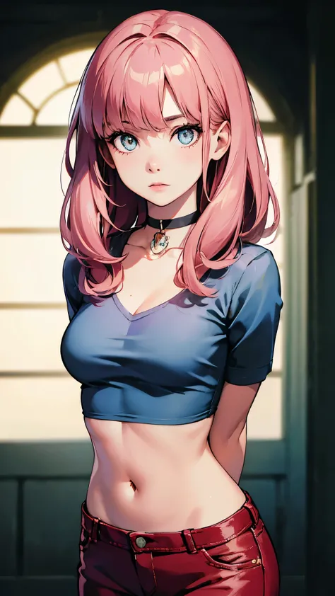 (masterpiece, best quality:1.4), official art, absurdres, vivid colors, looking at viewer, girl, asian , long pink hair, beautiful eyes, tight crop top, tight pants, choker, navel, slender, big breasts, cleavage, (arch back), small head, sharp focus, dynam...