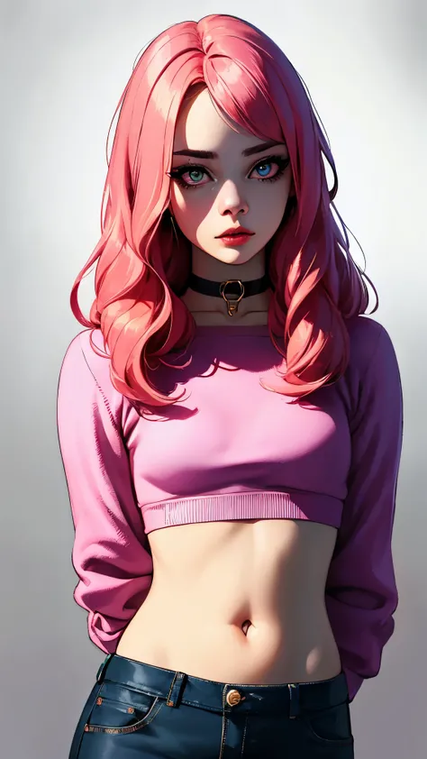 (masterpiece, best quality:1.4), official art, absurdres, vivid colors, looking at viewer, girl, asian , long pink hair, beautiful eyes, tight crop top, tight pants, choker, navel, slender, big breasts, cleavage, (arch back), small head, sharp focus, dynam...