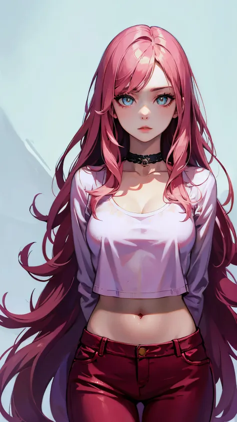 (masterpiece, best quality:1.4), official art, absurdres, vivid colors, looking at viewer, girl, asian , long pink hair, beautiful eyes, tight crop top, tight pants, choker, navel, slender, big breasts, cleavage, (arch back), small head, sharp focus, dynam...