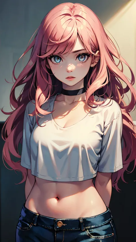 (masterpiece, best quality:1.4), official art, absurdres, vivid colors, looking at viewer, girl, asian , long pink hair, beautiful eyes, tight crop top, tight pants, choker, navel, slender, big breasts, cleavage, (arch back), small head, sharp focus, dynam...
