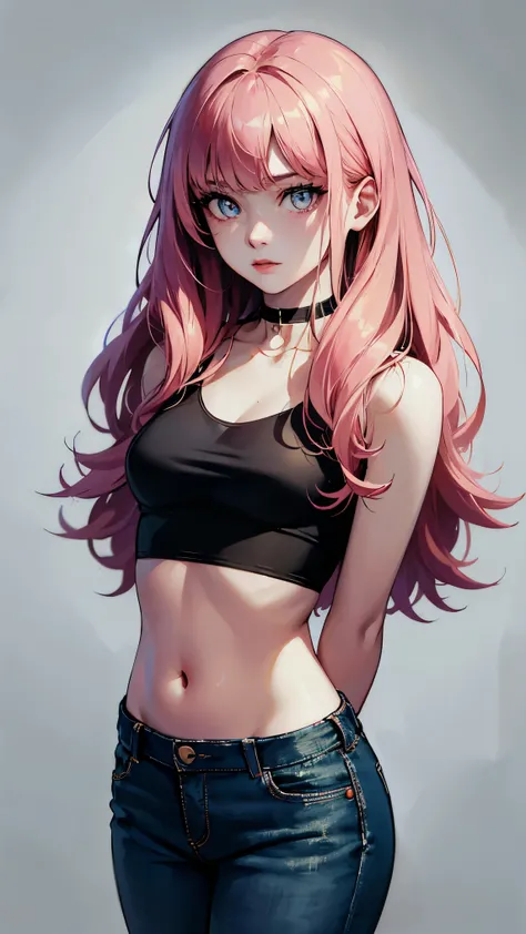 (masterpiece, best quality:1.4), official art, absurdres, vivid colors, looking at viewer, girl, asian , long pink hair, beautiful eyes, tight crop top, tight pants, choker, navel, slender, big breasts, cleavage, (arch back), small head, sharp focus, dynam...