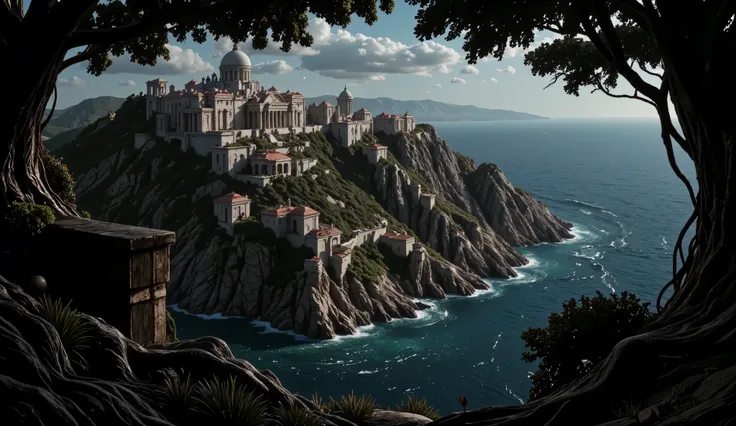 A walled Greek city on the seashore, view from the perspective of the sea, looking at the wall on the slope.