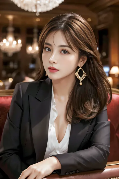 masterpiece, Highest quality, Realistic, Very detailed, Finer details, High resolution, 8k wallpaper, One beautiful woman, Wear a nice suit, In a great restaurant, At night, Light brown messy hair, Perfect dynamic composition, Beautiful and beautiful eyes、...