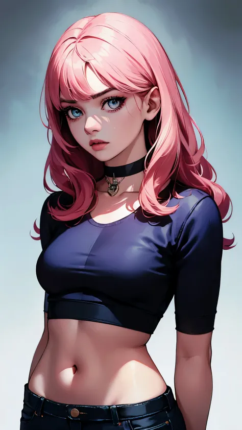 (masterpiece, best quality:1.4), official art, absurdres, vivid colors, looking at viewer, girl, asian , long pink hair, beautiful eyes, tight crop top, tight pants, choker, navel, slender, big breasts, cleavage, (arch back), small head, sharp focus, dynam...