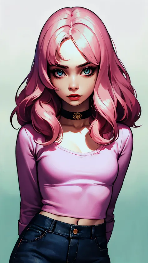 (masterpiece, best quality:1.4), official art, absurdres, vivid colors, looking at viewer, girl, asian , long pink hair, beautiful eyes, tight crop top, tight pants, choker, navel, slender, big breasts, cleavage, (arch back), small head, sharp focus, dynam...