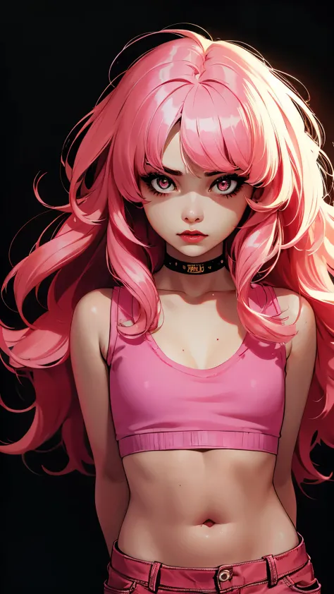 (masterpiece, best quality:1.4), official art, absurdres, vivid colors, looking at viewer, girl, asian , long pink hair, beautiful eyes, tight crop top, tight pants, choker, navel, slender, big breasts, cleavage, (arch back), small head, sharp focus, dynam...
