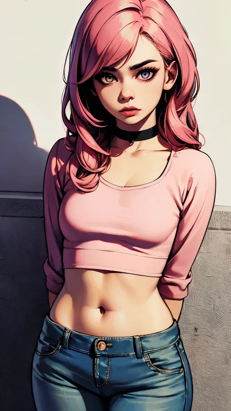 (masterpiece, best quality:1.4), official art, absurdres, vivid colors, looking at viewer, girl, asian , long pink hair, beautiful eyes, tight crop top, tight pants, choker, navel, slender, big breasts, cleavage, (arch back), small head, sharp focus, dynam...