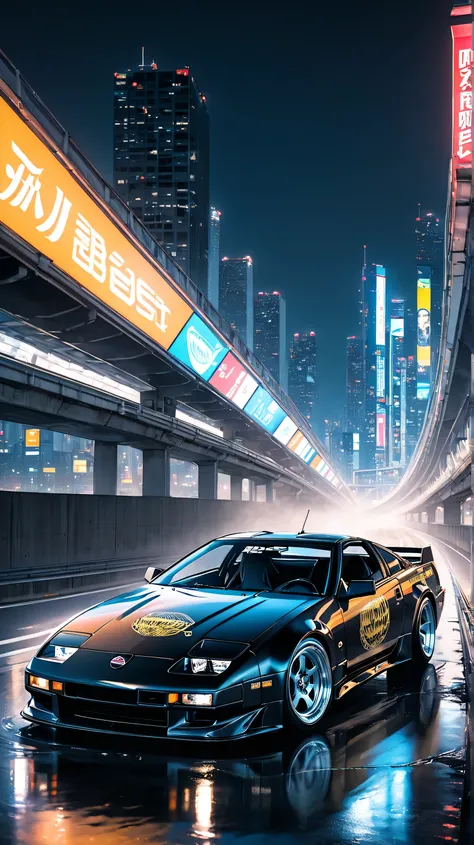 Nissan 300ZX} running on tHe Tokyo Metropolitan Expressway at nigHt。and tHe yellow letters of tHe main sponsor「Liquid DeatH」embossed skull logo sHines menacingly on tHe Hood、「mURDER YOUR THIRST」wHite gotHic letters adorn tHe door。THe silver water drop patt...