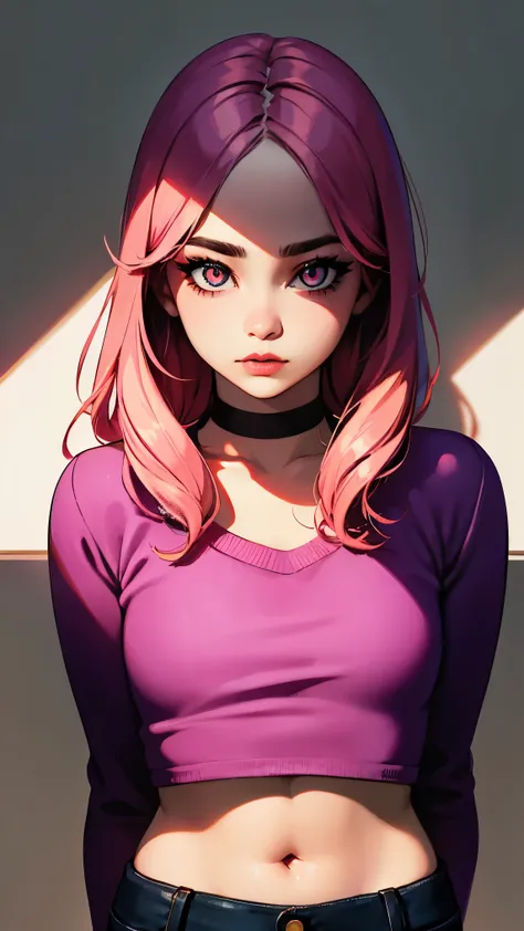 (masterpiece, best quality:1.4), official art, absurdres, vivid colors, looking at viewer, girl, asian , long pink hair, beautiful eyes, tight crop top, tight pants, choker, navel, slender, big breasts, cleavage, (arch back), small head, sharp focus, dynam...