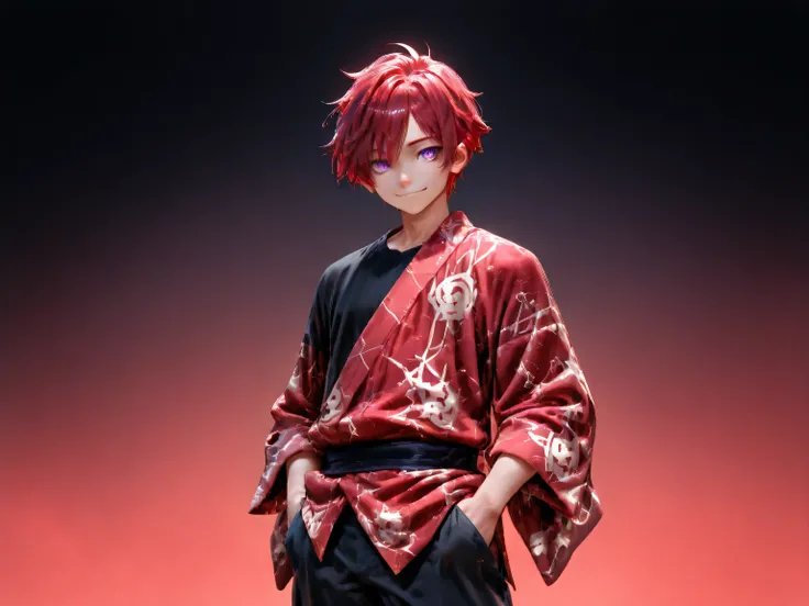 (Rulax: (solo, Man:1.2),(male focus),red hair, purple eyes, red yukata, black shirt, oversized black pants), little smile, cowboy shot, neutral standing, hands on pockets, (Highly detailed, Absurdres, Anatomically correct, Best quality), at eye-level view,...
