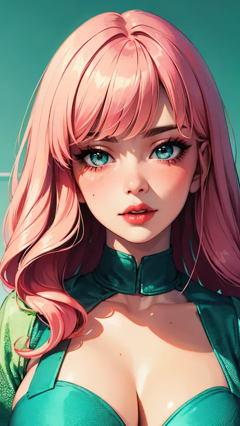 young asian harujuku hentai girl, hyperreal, 16k, ultra-detailed, manga, anime, Super detailed, Super exquisite, 8k, 1girl, lipstick, red lips, long pink hair, aqua eyes, dress, plunging neckline, makeup, big breasts, cleavage, looking at viewer, arms behi...