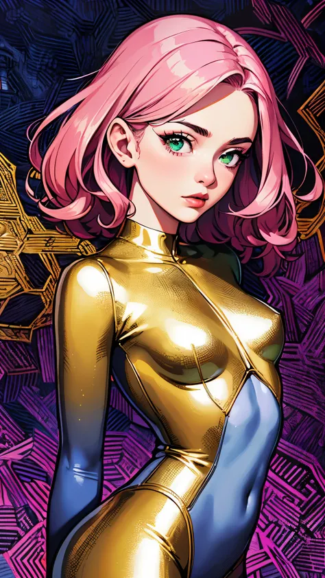 {Celestial hues, lofi, shiny aura, cute, pink hair, ((green eyes)), big pretty realistic eyes, ((cat girl), (small breasts), (cleavage), sexy, submissive, highly detailed, holographic glowing motifs, geometric, perfect composition , beautiful, perfect eyes...