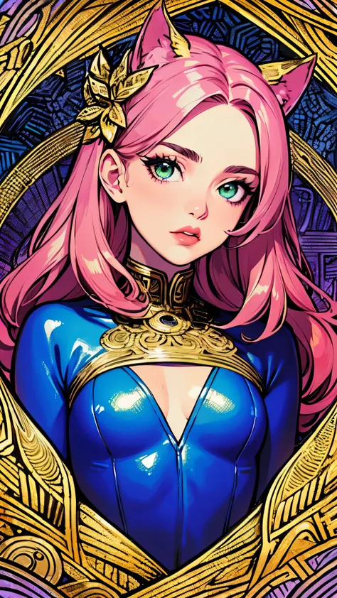 {Celestial hues, lofi, shiny aura, cute, pink hair, ((green eyes)), big pretty realistic eyes, ((cat girl), (small breasts), (cleavage), sexy, submissive, highly detailed, holographic glowing motifs, geometric, perfect composition , beautiful, perfect eyes...