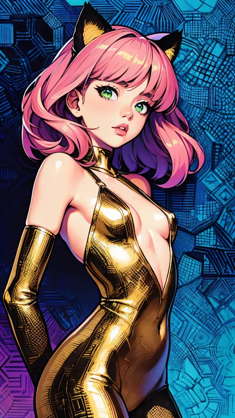 {Celestial hues, lofi, shiny aura, cute, pink hair, ((green eyes)), big pretty realistic eyes, ((cat girl), (small breasts), (cleavage), sexy, submissive, highly detailed, holographic glowing motifs, geometric, perfect composition , beautiful, perfect eyes...
