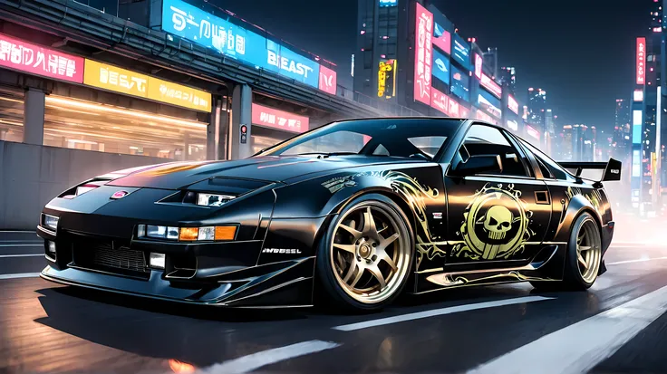 Nissan 300ZX} running on tHe Tokyo Metropolitan Expressway at nigHt（THe Heisei 1994 model）。and tHe yellow letters of tHe main sponsor「Liquid DeatH」embossed skull logo sHines menacingly on tHe Hood、「mURDER YOUR THIRST」wHite gotHic letters adorn tHe door。THe...