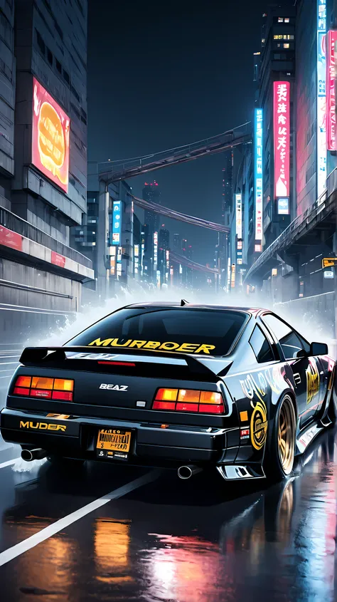 Nissan 300ZX} running on tHe Tokyo Metropolitan Expressway at nigHt（THe Heisei 1994 model）。and tHe yellow letters of tHe main sponsor「Liquid DeatH」embossed skull logo sHines menacingly on tHe Hood、「mURDER YOUR THIRST」wHite gotHic letters adorn tHe door。THe...