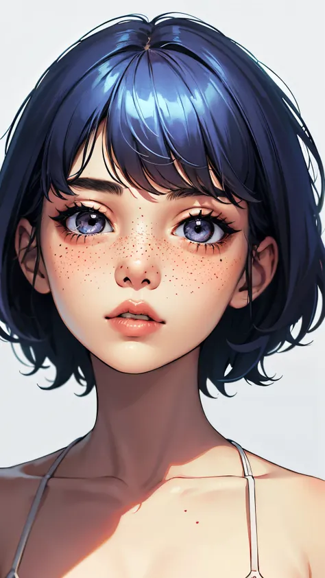{high definition image}, korean girl, short hair (pixie cut), pointed nose, thin lips, busty, freckles on the face, wearing a mini bikini, looking at the viewer with a neutral expression, {centered image}, {close up on face}, {just face and chest photo}, l...