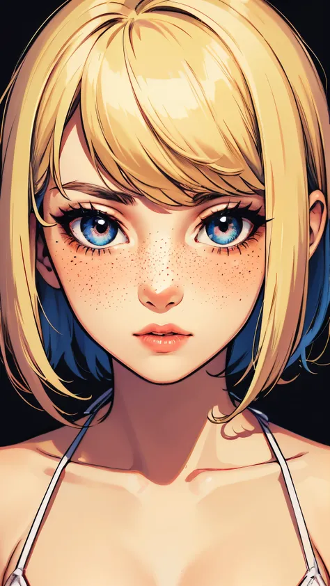 {high definition image}, korean girl, short hair (pixie cut), pointed nose, thin lips, busty, freckles on the face, wearing a mini bikini, looking at the viewer with a neutral expression, {centered image}, {close up on face}, {just face and chest photo}, l...