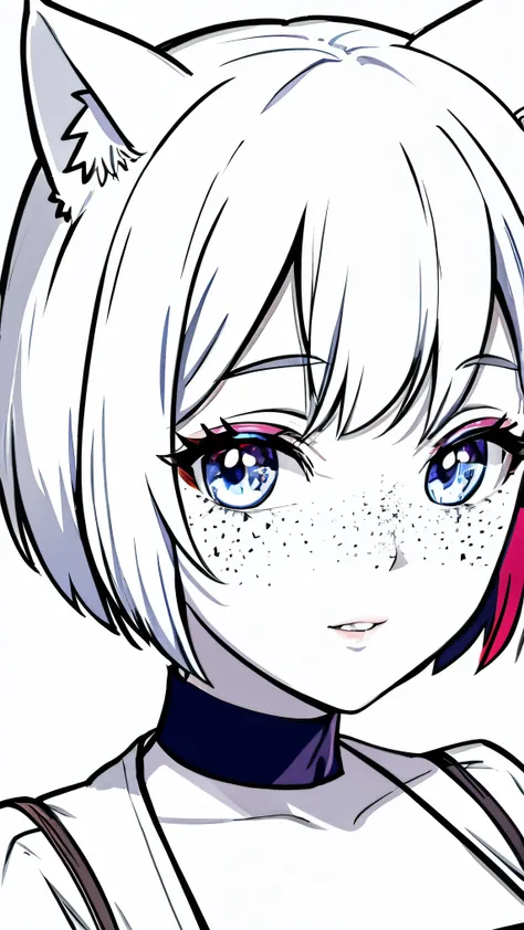 {high definition image}, korean cat girl, cat ears, short hair (pixie cut), pointed nose, thin lips, busty, freckles on the face, wearing a mini bikini, looking at the viewer with a neutral expression, {centered image}, {close up on face}, {just face and c...
