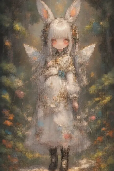 girl, Semi-elf , brown-eyed, long brown hair, butterfly wings, white skin, Medieval clothing and a sorceress's staff. is in a forest. 8K quality