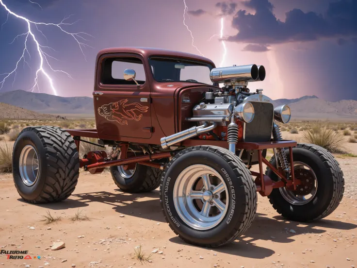Create a photorealistic image of an extreme, funny car. It has monster tires in the rear with a massive lifted frame. The rims are polished chrome. The engine is exposed and detailed in chromed. The sky is colorful with heat lightning bolts and strikes. T...