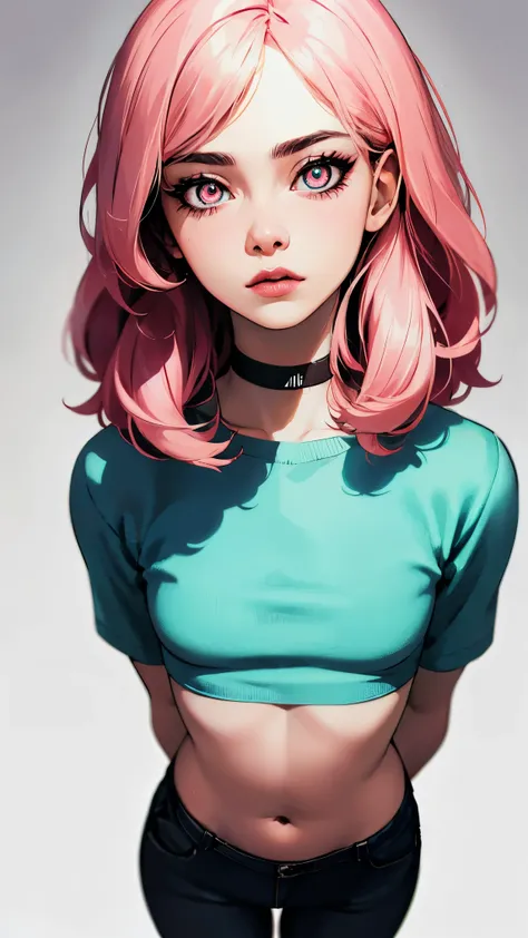 (masterpiece, best quality:1.4), official art, absurdres, vivid colors, looking at viewer, girl, asian , long pink hair, beautiful eyes, tight crop top, tight pants, choker, navel, slender, big breasts, cleavage, (arch back), small head, sharp focus, dynam...