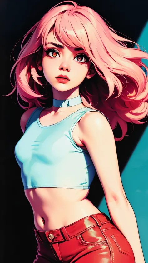 (masterpiece, best quality:1.4), official art, absurdres, vivid colors, looking at viewer, girl, asian , long pink hair, beautiful eyes, tight crop top, tight pants, choker, navel, slender, big breasts, cleavage, (arch back), small head, sharp focus, dynam...