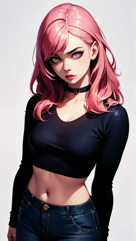 (masterpiece, best quality:1.4), official art, absurdres, vivid colors, looking at viewer, girl, asian , long pink hair, beautiful eyes, tight crop top, tight pants, choker, navel, slender, big breasts, cleavage, (arch back), small head, sharp focus, dynam...