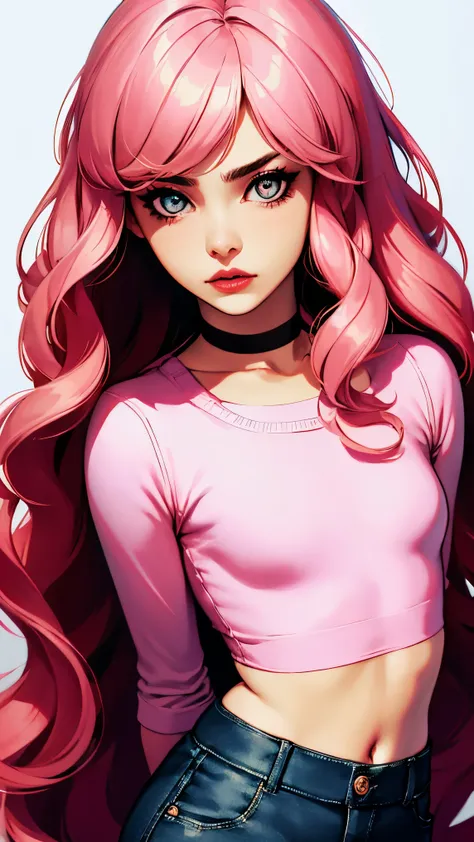 (masterpiece, best quality:1.4), official art, absurdres, vivid colors, looking at viewer, girl, asian , long pink hair, beautiful eyes, tight crop top, tight pants, choker, navel, slender, big breasts, cleavage, (arch back), small head, sharp focus, dynam...