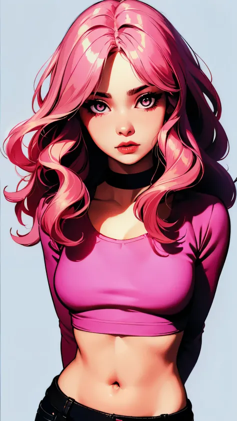 (masterpiece, best quality:1.4), official art, absurdres, vivid colors, looking at viewer, girl, asian , long pink hair, beautiful eyes, tight crop top, tight pants, choker, navel, slender, big breasts, cleavage, (arch back), small head, sharp focus, dynam...