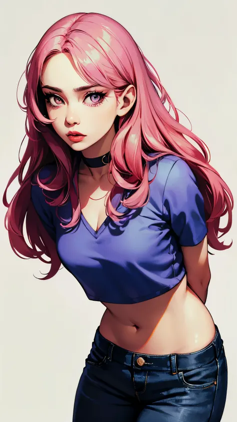 (masterpiece, best quality:1.4), official art, absurdres, vivid colors, looking at viewer, girl, asian , long pink hair, beautiful eyes, tight crop top, tight pants, choker, navel, slender, big breasts, cleavage, (arch back), small head, sharp focus, dynam...