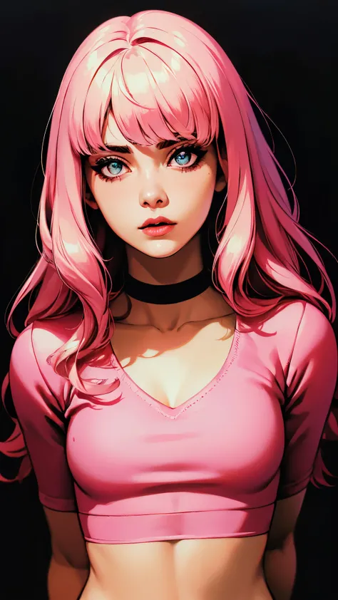 (masterpiece, best quality:1.4), official art, absurdres, vivid colors, looking at viewer, girl, asian , long pink hair, beautiful eyes, tight crop top, tight pants, choker, navel, slender, big breasts, cleavage, (arch back), small head, sharp focus, dynam...