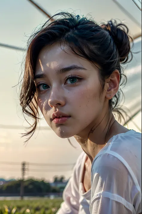 top-quality close-up portrait, ((Beautiful korean girl, wearing wet oversized white t-shirt, longsleeve, cotton):1.5), bewitching face, ((idols likeness):1.4), ((beautiful detailed eyes, cute greeney eyes, beautiful detailed lips, sharp nose, detailed flaw...