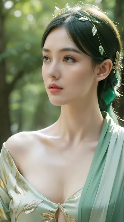 beautiful plant girl,Tree God,Green hair,There are branches and leaves on the head,Face is clear and delicate,(closeup of face),((Bust photo)),wearing leaf clothes,The background is forest,tmasterpiece,illuminations, large boobs looking out from clothes, b...