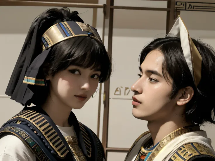 365 (20 year old woman and 20 year old man),(short hair), (high quality photos), (gentle smile), (colorful ancient egyptian costumes), (Rembrandt painting),(Hieroglyphs、Ancient Egyptian)