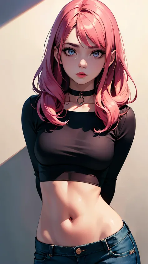 (masterpiece, best quality:1.4), official art, absurdres, vivid colors, looking at viewer, girl, asian , long pink hair, beautiful eyes, tight crop top, tight pants, choker, navel, slender, big breasts, cleavage, (arch back), small head, sharp focus, dynam...