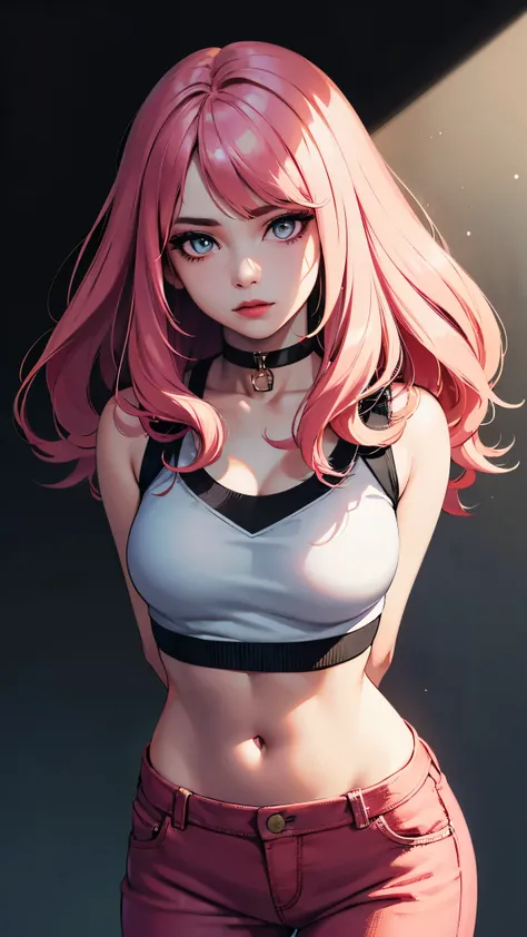 (masterpiece, best quality:1.4), official art, absurdres, vivid colors, looking at viewer, girl, asian , long pink hair, beautiful eyes, tight crop top, tight pants, choker, navel, slender, big breasts, cleavage, (arch back), small head, sharp focus, dynam...