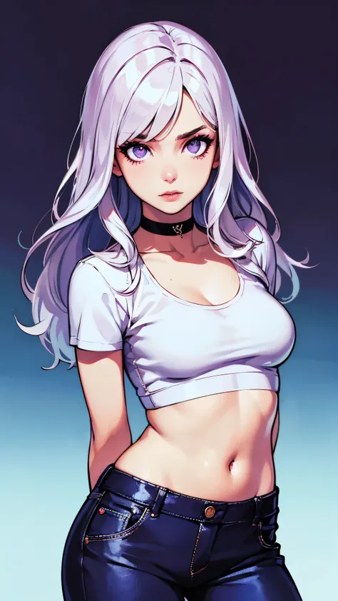 (masterpiece, best quality:1.4), official art, absurdres, vivid colors, looking at viewer, girl, asian , long white hair, beautiful purple eyes, tight crop top, tight pants, choker, navel, slender, big breasts, cleavage, (arch back), small head, sharp focu...
