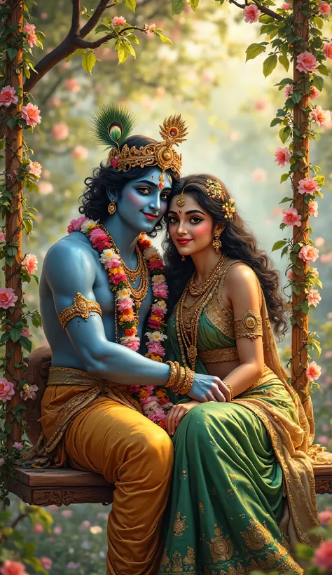 An ultra-realistic, lifelike portrait of Radha and Krishna sitting together on a beautifully decorated swing, immersed in a serene, lush garden. Lord Krishna, with radiant blue skin and curly black hair, has mesmerizing golden-brown eyes filled with warmth...