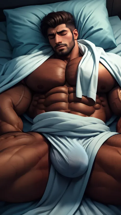 White blanket on body From above view A handsome dream indian long beard muscular daddy with long muscled legs laying on bed and sleeping eyes closed pain on face under white blanket after doing sex with fully spread legs huge bulge under white blanket, re...