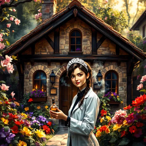 a digital painting of a charming cottage-style house.
Details:
Architecture:
The house has a European feel with its stone exterior, Tudor-style wooden beams, and arched windows.
Colors:
The color palette is warm and inviting, with the stone exterior, brown...