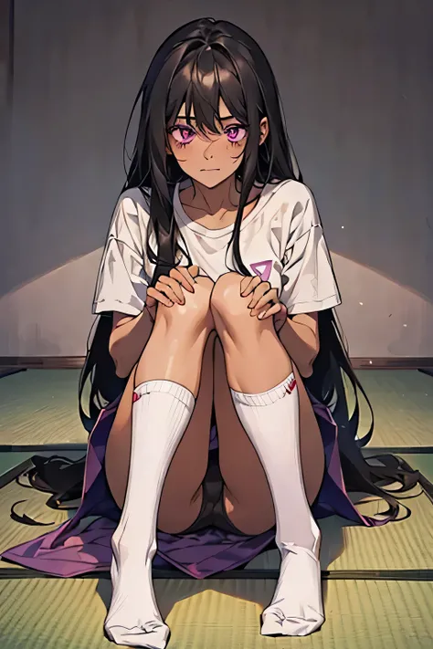 1 super beautiful young woman，   black hair，long hair， she's shy ，purple eyes，blush，  dark skin on the tip of the mouth:1.5,sweat:1.2，black t-shirt， pink panties ，  white socks，  Show white socks to viewers，anatomically accurate representation，background: ...