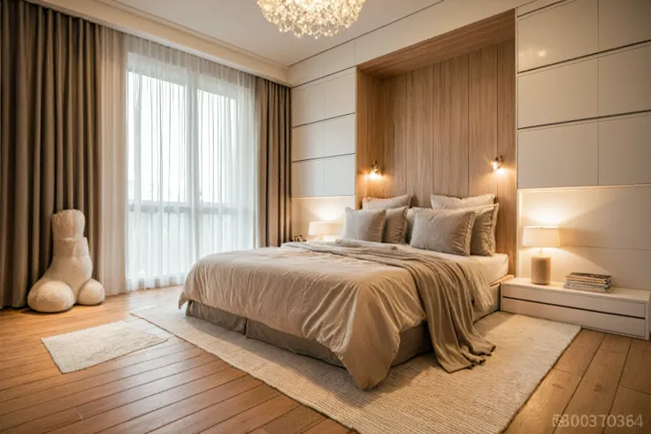 Raw photo,Masterpiece, high quality, best quality, authentic, super detail, interior, ((girl's bedroom)), ((style Minimalism)), sunset, day light, bed, carpet, curves, bedside cabinets, wood floor ,wardrobe, led, flower vase, butterfly chandelier , windows...